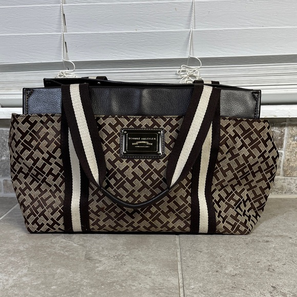 Tommy Hilfiger Handbags - Tommy Hilfiger Brown & Black Tote Bag with Signature Pattern, EUC, clean, wide!